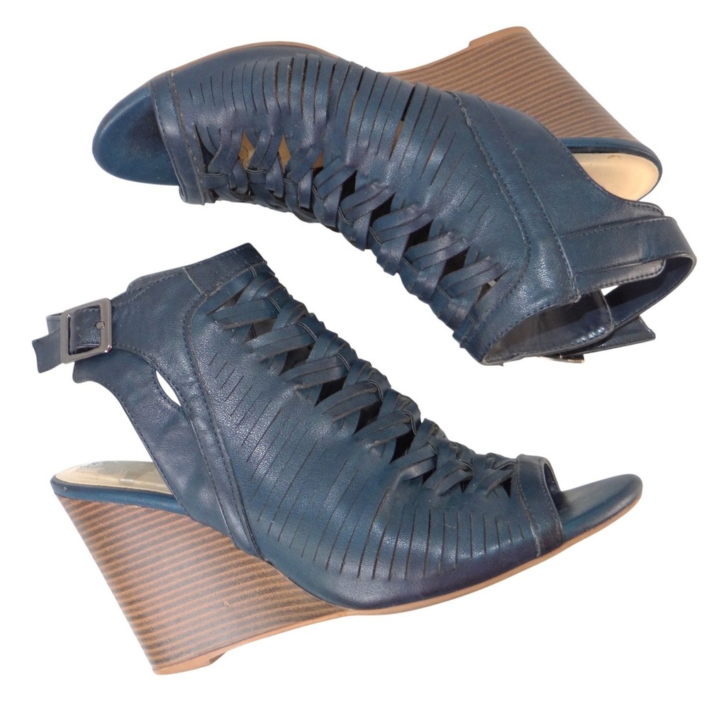 Dollhouse‎ Snaffu Navy Blue Woven Caged Wedge Sandals Womens 10W Open Toe Buckle